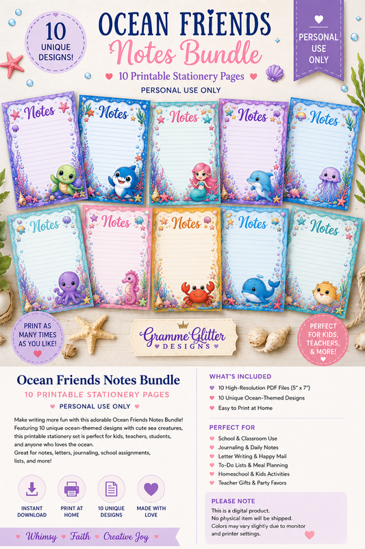Ocean Friends Notes Bundle | 10 Printable Stationery Pages | 5x7 Digital Download