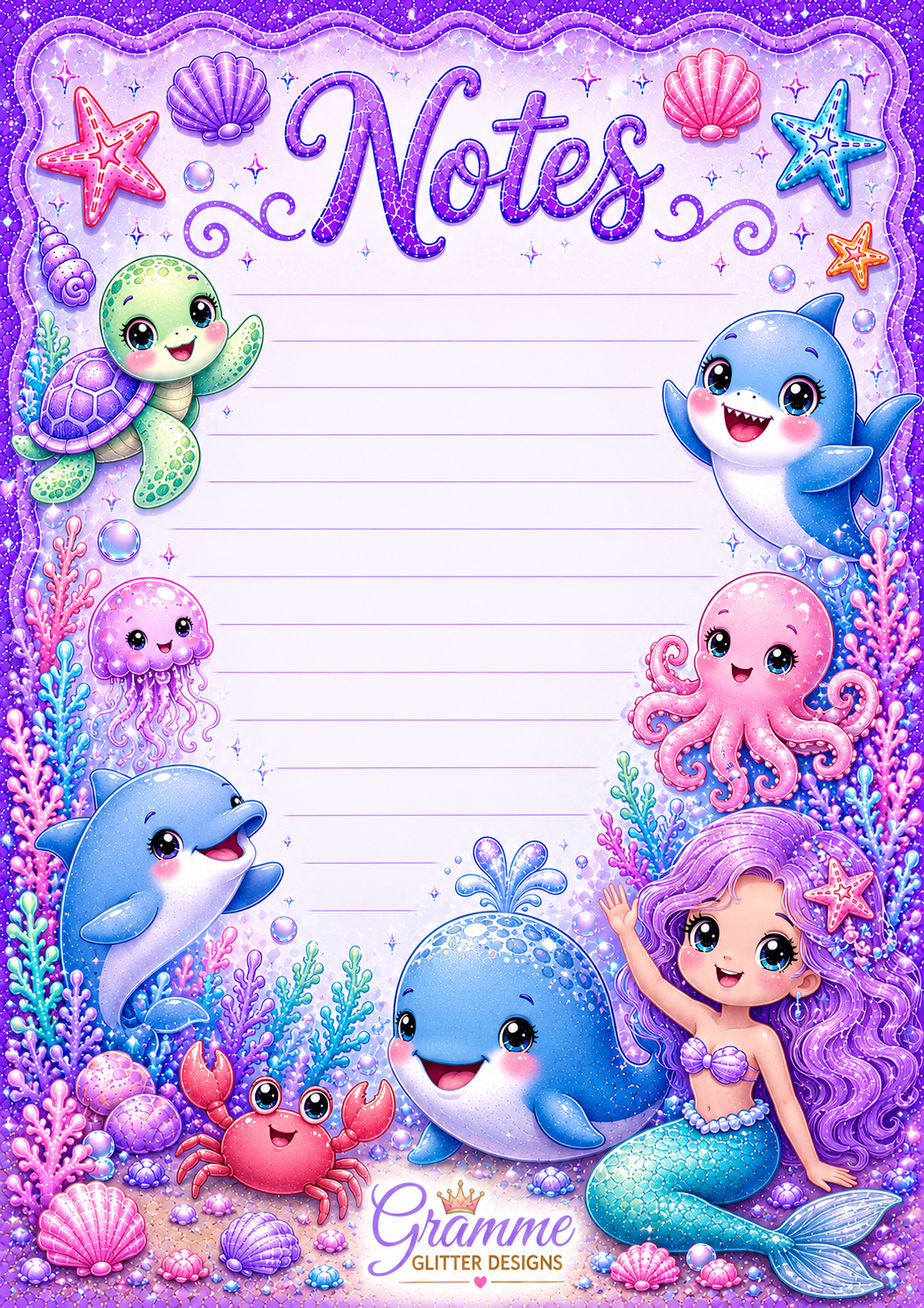 Ocean Friends Notes Bundle | 10 Printable Stationery Pages | 5x7 Digital Download